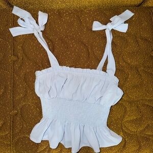 🩵 Forever 21 Light Blue Smocked Bow Tie Strap Peplum Top Size S